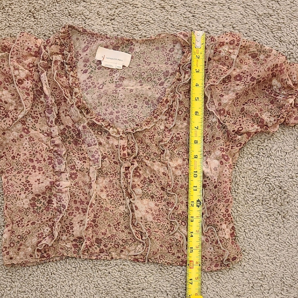 Anthropologie Floral Sheer Cropped Puff Sleeve Blouse PXXS - Picture 15 of 15